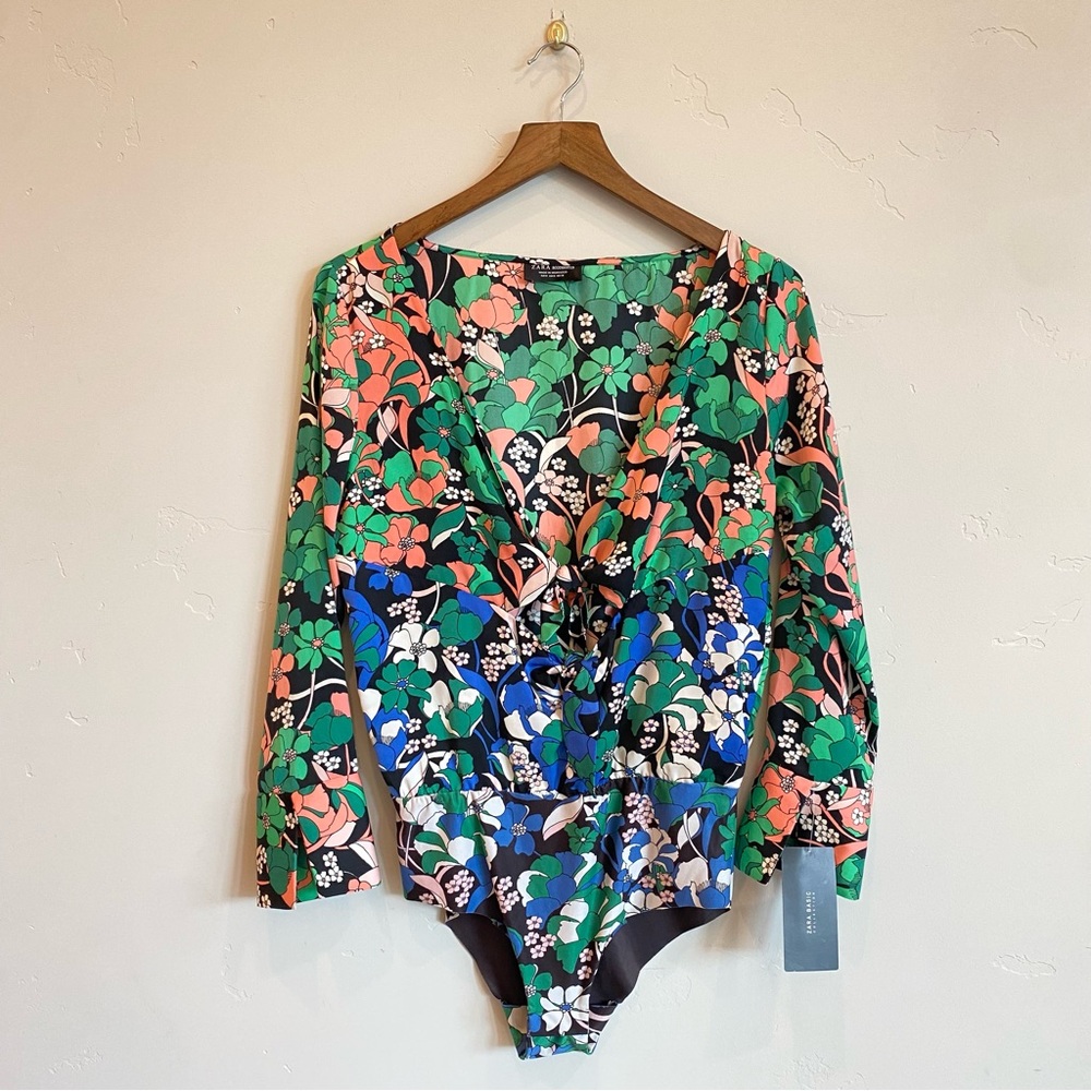 ZARA Basic Collection Floral Print Double Knot Ftont Bodysuit